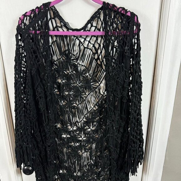 LAMARQUE Black Macramé Fringe Duster | Boho Open-Knit Long Cardigan | Size S - Picture 3 of 7